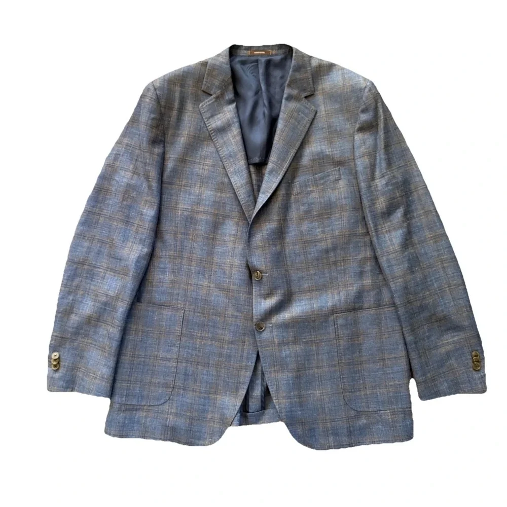 Peter Millar Sport Coat 48T Loro Piana Summer Wool Silk Linen Blue Plaid Blazer
